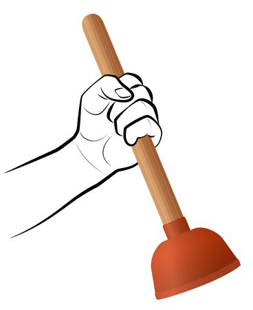 Plumber with toilet plunger, symbolic for professional bathroom service. Domestic housework tool to unblock clogged sink and toilet. Isolated vector icon illustration on white background.のイラスト素材