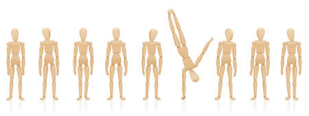 Be different. Unique, motivated, singular, happy character jumping out of an ordinary group of motionless, dull and listless figures. Isolated vector illustration on white background.のイラスト素材