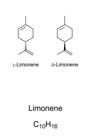 Limonene, chemical structure and formula. Major component of oil of citrus fruit peels. The D-isomer is more commonly in nature as the fragrance of oranges. The L-isomer is found in mint oils. Vector.のイラスト素材