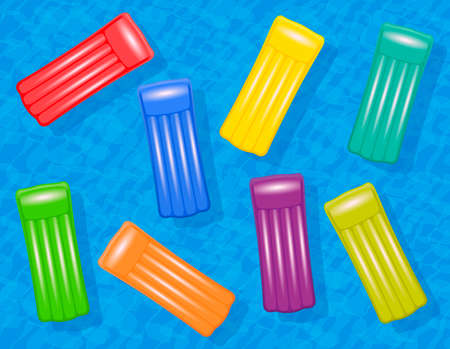 Inflatable colorful air mattresses floating in a blue water pool. symbol for summer fun, group travel or young and friendly vacation destinations. Vector illustration.のイラスト素材