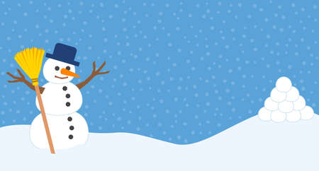 Snowman and pile of snowballs for snowball fight and winter fun. Comic vector illustration on snowflakes background.のイラスト素材
