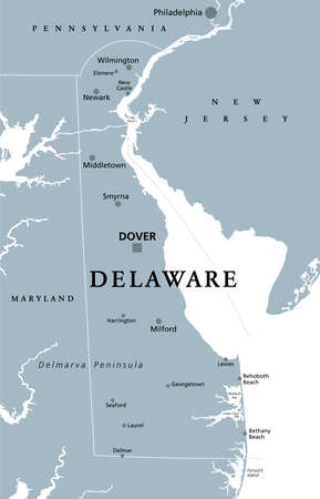 Delaware, DE, gray political map. State in Mid-Atlantic region of United States of America. Capital Dover. The First State. The Small Wonder. Blue Hen State. The Diamond State. Illustration. Vector.のイラスト素材