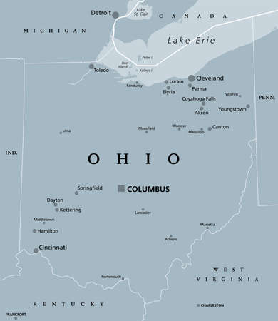 Ohio, OH, gray political map. State in the East North Central region of Midwestern United States. Capital Columbus. The Buckeye State. Birthplace of Aviation. The Heart of It All. Illustration. Vectorのイラスト素材