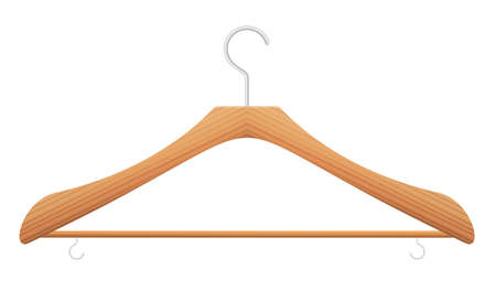 Wooden clothes hanger with crossbar and little hooks, single, frontal, empty, wood texture. Isolated vector illustration on white background.のイラスト素材