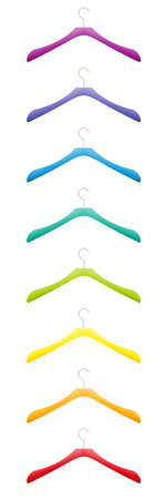 Colorful clothes hanger, plastic coathanger set, various colors, rainbow gradient colored collection. Isolated vector illustration on white background.のイラスト素材