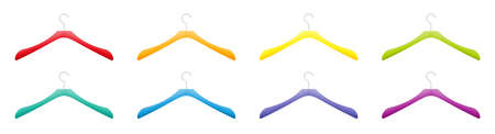 Colored plastic clothes hanger collection, different colors, red, orange, yellow, green, blue, purple set. Isolated vector illustration on white background.のイラスト素材