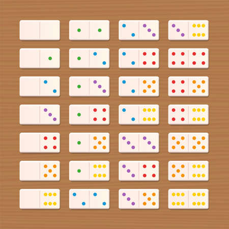 Domino set, white tiles with colored dots - complete game set, collection of 28 arranged pieces. Vector illustration on wooden background.のイラスト素材