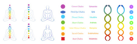 Chakras, kundalini, meditation design symbol set for webpages. Icon, tools, collection for websites.のイラスト素材