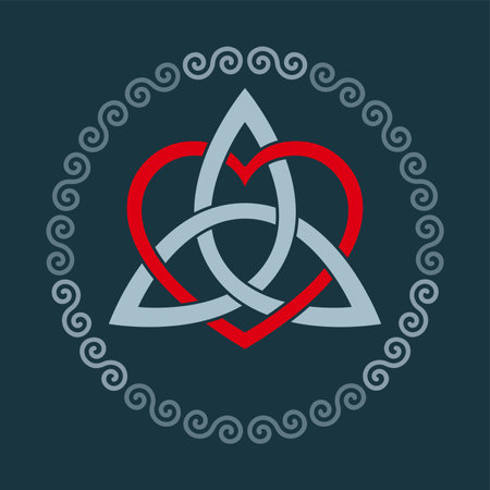 Colored triquetra with heart symbol within a circular spiral frame. Triangular Celtic knot, figure used in ancient Christian ornamentation, surrounded by border of double spirals. Illustration. Vectorのイラスト素材