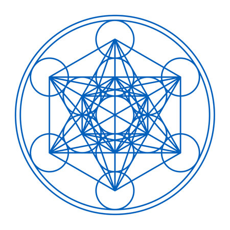 Metatrons Cube framed in two circles. Mystical symbol, derived from the Flower of Life. Thirteen circles are connected with straight lines. Sacred Geometry. Illustration over white background. Vector.のイラスト素材