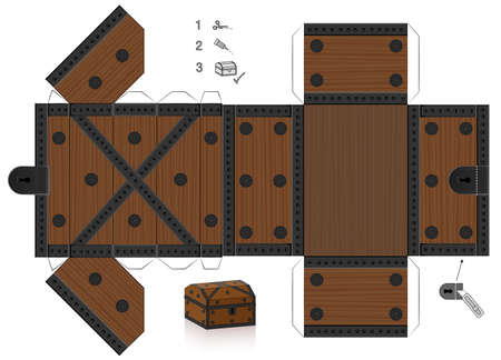 Treasure chest template. Cut out, fold and glue it. Paper model with lid that can be opened. Wooden textured box for precious objects, luxury, belongings or little things.のイラスト素材
