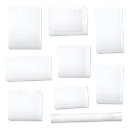 White paper sachets, unlabeled blank packaging templates for sugar, salt, tea, seeds, cosmetics, spices, powder, food ingredients etc. Isolated vector illustration on white background.のイラスト素材