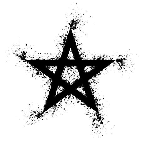 Pentagram splattered with black paint on white background. Five pointed star, splashed with black paint. Geometric star figure, can be drawn with five straight strokes. Isolated illustration. Vector.のイラスト素材
