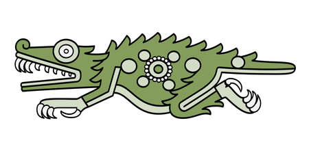 Aztec crocodile symbol, as depicted in Codex Laud in 16th century. Also Cipactli, the first day of Aztec divinatory count. Green crocodile sign, with precious stones on its body. Illustration. Vector.のイラスト素材