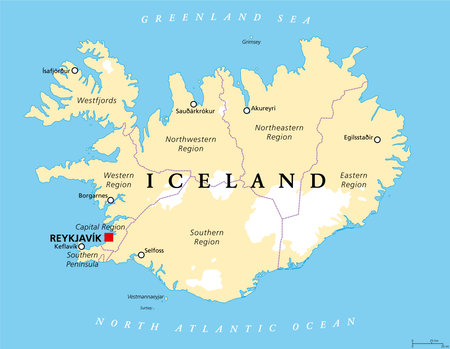 Regions of Iceland, political map, with capital Reykjavik. Eight regions and their seats, used for statistical purposes. Nordic island country in Atlantic Ocean. English labeling. Illustration. Vectorのイラスト素材
