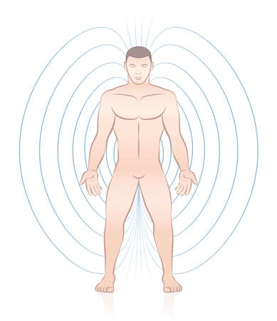 Human magnetic field. Male body with lines and energy pattern. Complementary medicine treatment. Vector illustration on white background.のイラスト素材