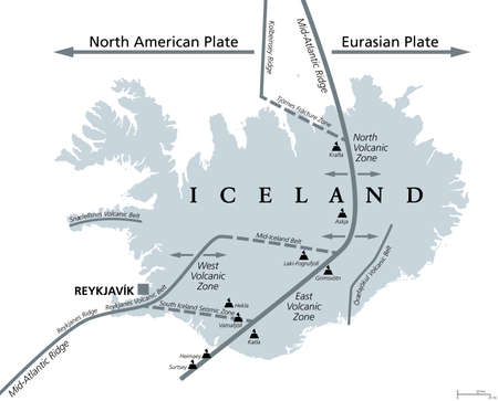 Geology of Iceland, gray political map. Iceland lies on the divergent boundary between Eurasian plate and North American plate. Map with volcanic zones and belts, ridges and main volcanoes. Vector.のイラスト素材