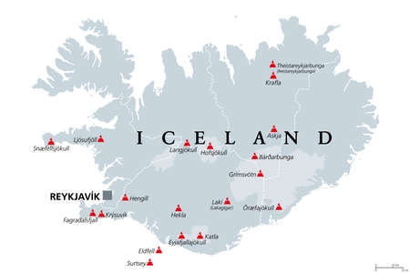 Volcanoes of Iceland that erupted since human settlement, political map. Eighteen volcanoes shown on gray map of Iceland, with glaciers and regions. Isolated illustration on white background. Vector.のイラスト素材