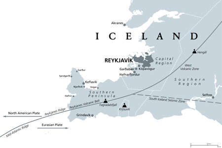Geology of the Capital Region and Southern Peninsula of Iceland, gray political map. Reykjavik and vicinity, with Reykjanes Peninsula. Map with volcanic zones and belts, ridges and volcanoes. Vector.のイラスト素材