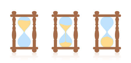 Hourglass - start, halftime and finish sequence. Three sand timer in timing action, measuring as time goes by, before, during, after. Isolated vector illustration on white background.のイラスト素材