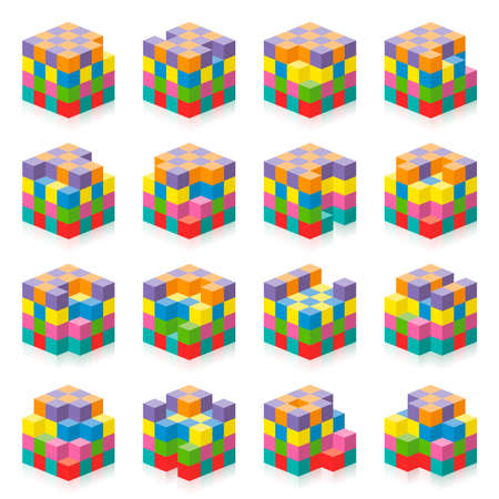 Cube with missing cubes from 1 to 16. Three-dimensional spatial perception exercise. Colorful game to count gaps, holes, blanks. Isolated vector illustration on white background.のイラスト素材
