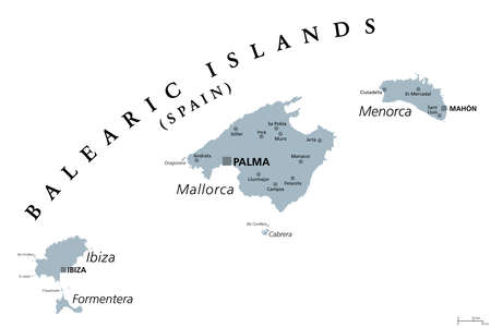 Balearic Islands, gray political map, with the main islands Mallorca, Ibiza, Menorca and Formentera....