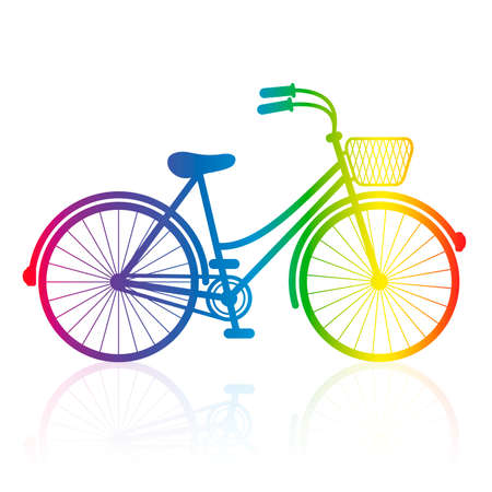 Ladies bike, rainbow gradient colored bicycle with wire basket. Isolated vector illustration on white background.のイラスト素材
