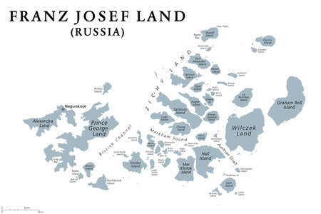 Franz Josef Land, gray political map. Russian archipelago in the Arctic Ocean, northernmost part of Arkhangelsk Oblast, largest island Prince George Land, and air base Nagurskoye. Illustration. Vectorのイラスト素材