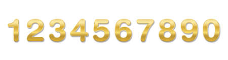 Golden colored numbers in a row. The ten numbers from one to zero. Isolated vector illustration on white background.のイラスト素材