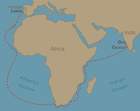 Vasco da , Portuguese explorer, his first voyage from Lisbon around Africa to India, discovery of...