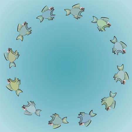 Fishes swimming in circles, one follows the other scared, rashly and thoughtlessly. Symbol for group dynamics, peer pressure, mass hysteria, overreliance, blind trust. Vector comic illustration.のイラスト素材