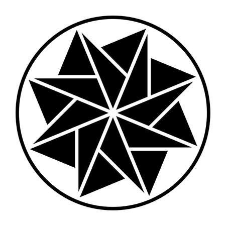 Eight-pointed star made of triangles, within a circle frame. Pattern, formed by symmetric arranged triangles. Mandala and symbol, modeled on a crop circle, found 2021 in England. Illustration. Vector.のイラスト素材