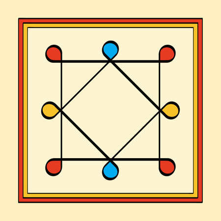 Colored Ring of Solomon in a square frame, a yantra on yellowish background. Two overlapping squares with eight looped corners. Ancient symbol, used as protection on a ring, amulet or talisman. Vectorのイラスト素材