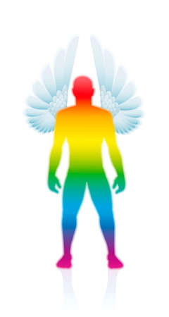 Guardian angel, male guardian spirit, rainbow gradient colored body with angel wings. Isolated vector illustration on white background.のイラスト素材