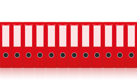 Red ring binders, row of unlabeled leaf binder set for orderly, neat and tidy paper filing. Seamlessly expandable. Isolated vector illustration on white background.のイラスト素材