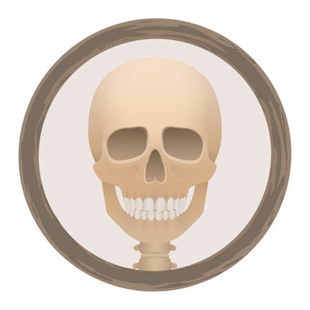 Skull or Deaths head logo in a round frame - creepy, spooky, frightening, but with a friendly smile. Isolated vector illustration on white background.のイラスト素材