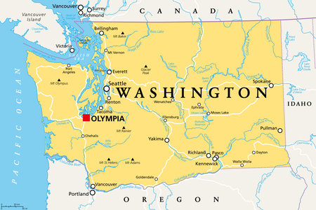 Washington, WA, political map with the capital Olympia. State in the Pacific Northwest region of the Western United States of America. State of Washington, with nickname The Evergreen State. Vector.のイラスト素材