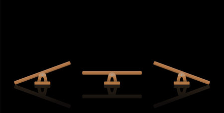 Seesaw balance. Teeter with equal and unequal weight, balanced and unbalanced totter swing. Isolated vector illustration on black background.のイラスト素材