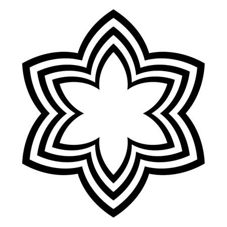 Six pointed star symbol, with arched offset lines. Three bold lines, curved like lancet arches, forming a pictogram, in the shape of a blossom with six petals. Black and whiteのイラスト素材
