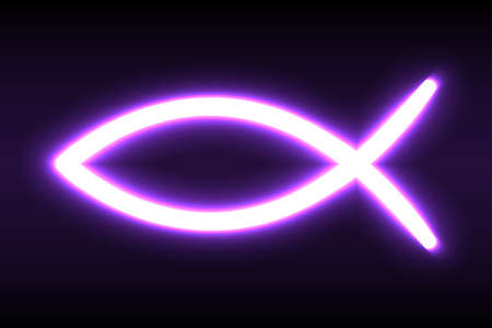 Jesus fish symbol, with neon glow effect, over black. Sign of the fish, a symbol of Christian art, consisting of 2 intersecting arcs, also called ichthys or ichthus, Greek word for fish. Illustration.のイラスト素材