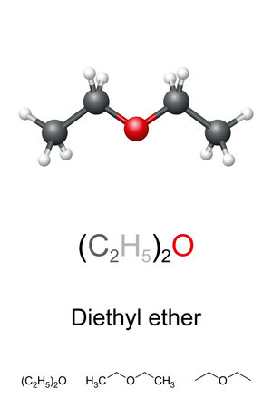 Diethyl ether, or simply ether, ball-and-stick model, molecular and chemical formula. Ethoxyethane, (C2H5)2O, an organic compound, also known as Et2O. Used as a solvent or starting fluid for engines.のイラスト素材