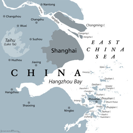 Shanghai and the Yangtze River Delta, gray political map, with major cities. Megalopolis of China, located where Yangtze River drains into East China Sea, with Hangzhou Bay and Zhoushan Archipelago.のイラスト素材