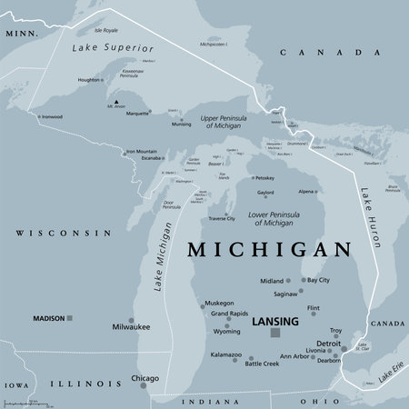 Michigan, MI, gray political map with capital Lansing and metropolitan area Detroit. State in the Great Lakes region of upper Midwestern United States, nicknamed Great Lake State, and Wolverine State.のイラスト素材