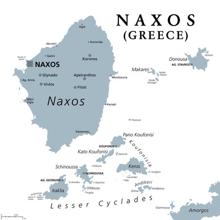 Naxos and Lesser Cyclades, Greek islands, gray political map. Island group in the Aegean Sea, part of the Cyclades archipelago. Popular tourist destination with a number of beaches and several ruins.のイラスト素材