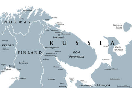 Murmansk Oblast, Kola Peninsula, gray political map. Federal subject of Russia, part of Lapland region, bordering Norway and Finland. With Murmansk, most important port city of Rusのイラスト素材