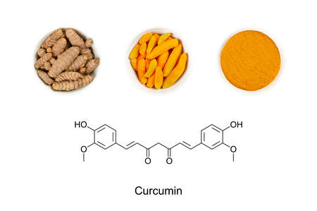 Turmeric and the chemical formula of curcumin. Skeletal structure of the keto form of the yellow chemical and principal curcuminoid of turmeric, Curcuma longa. E100, dietary suppleの写真素材