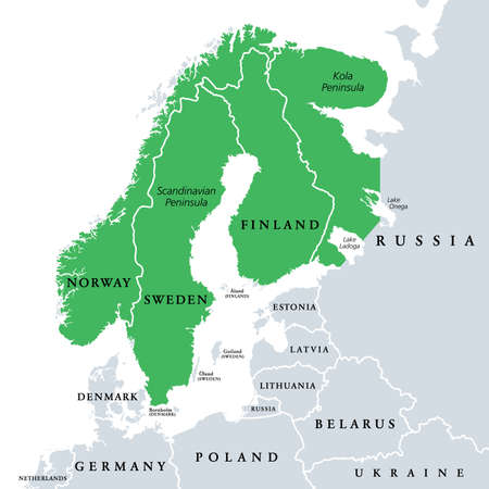Fennoscandia, Fennoscandian Peninsula, political map. Peninsula, comprising the Scandinavian and...