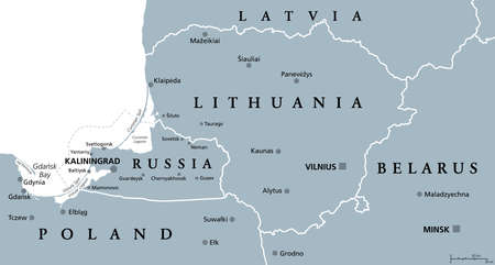 Lithuania and Kaliningrad, gray political map, with capitals and largest cities. Republic of Lithuania, an European and Baltic country, and Kaliningrad Oblast, a federal subject anのイラスト素材