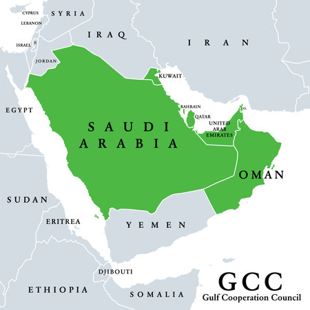 Gulf Cooperation Council, GCC member states, political map. Regional, intergovernmental, political, economic union, consisting of Bahrain, Kuwait, Oman, Qatar, Saudi Arabia, and Unのイラスト素材