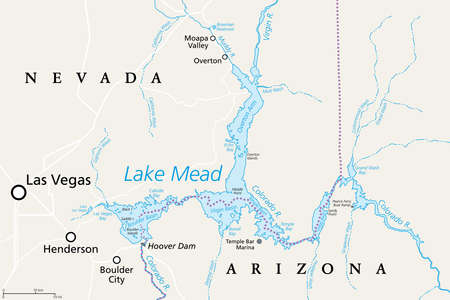 Lake Mead, largest reservoir in the US, political map. Formed by the Hoover Dam on the Colorado...